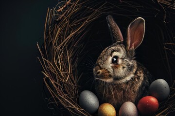 A hare, a rabbit, an Easter card. space for text. Black background. nest. Cute Animal