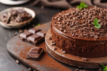 Tasty homemade chocolate cake on table, closeup. Space for text