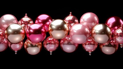 a bunch of pink and gold balloons are lined up in a row on a black background with a black back ground.