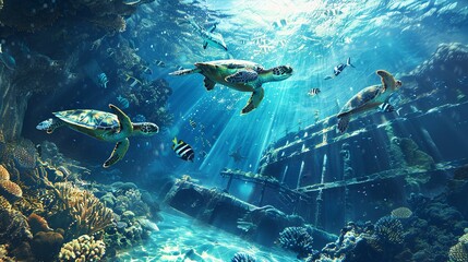 Turtles underwater with shipwreck - obrazy, fototapety, plakaty