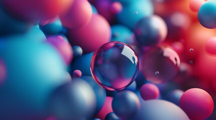 3D rendering of a close-up of a cluster of glossy spheres in various colors with a shallow depth of field. - obrazy, fototapety, plakaty