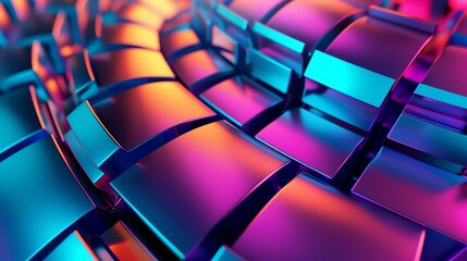 3D rendering of a colorful metal surface with a bumpy texture lit by bright neon lights.