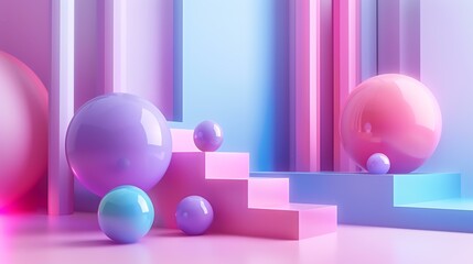 3D rendering of a pink and blue abstract background with spheres and stairs.