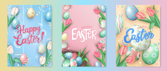 Template of pink, yellow and blue greeting cards or posters with colorful painted Easter eggs, beautiful tulip flowers, nest with 3d pastel colored eggs and congratulation text - Happy Easter!