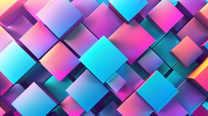 Colorful 3D rendering of a geometric pattern of cubes and rectangles in bright neon colors with a glossy surface.