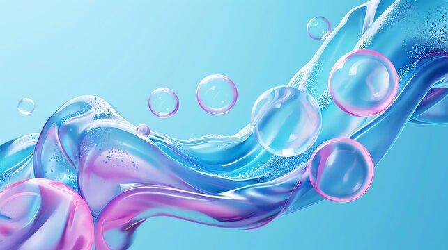3D rendering of a blue and pink liquid with bubbles. The liquid is shaped like a wave and is flowing in a circular motion.