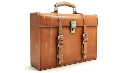 This is a 3D rendering of a vintage brown leather suitcase. The suitcase is sitting on a white surface.