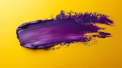 Close-up of a purple oil paint stroke on a yellow background. The paint is thick and has a glossy finish. The brushstrokes are visible in the paint.