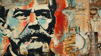 Close-up of a colorful mural of a man's face with a mustache. The mural has a weathered look, with...