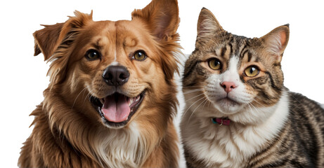 Adorable portrait featuring a cheerful dog and cat looking at the camera, isolated on a white background—exemplifying the heartwarming bond and friendliness of these pets - obrazy, fototapety, plakaty