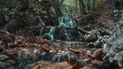 Obraz premium a small waterfall in the middle of a forest filled with lots of leaf covered rocks and a fallen tree in the foreground.