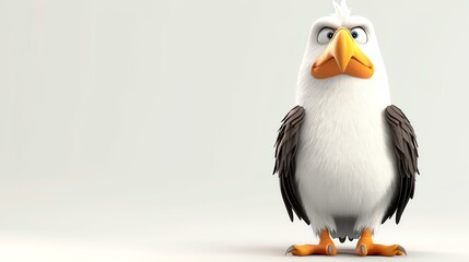 A 3D rendering of a cartoon bald eagle. The eagle is standing on a white background and looking at the camera with an angry expression.