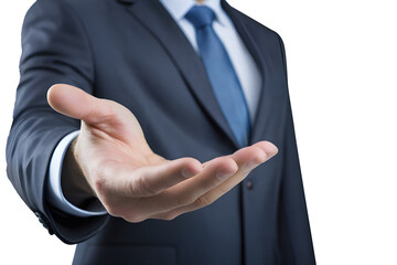 A businessman in a suit holds out his hand