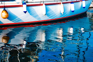 fenders suspended between a boat and dockside for protection. Maritime fenders
