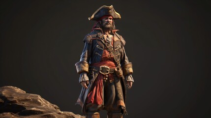 A pirate captain stands on a rock, looking out at the sea. He is dressed in a black coat and a red...
