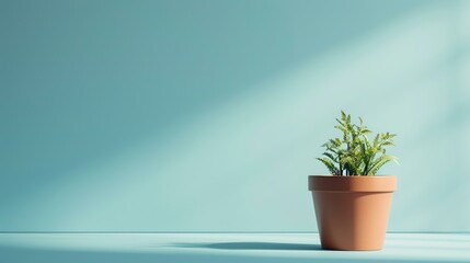 A beautiful shot of a potted plant sitting in front of a blue background. The plant is green and healthy looking, and the pot is a simple brown color.
