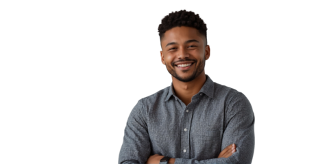 Charismatic portrait of a smiling young man, arms confidently folded, standing out on a transparentwhite backdrop