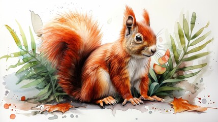Naklejka premium a painting of a red squirrel sitting on top of a leafy green and orange plant with a white background.