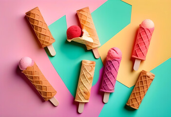 Ice cream sticks on pastel colors background