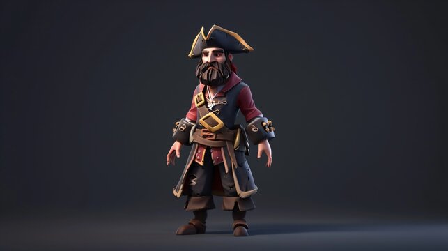 A 3D rendering of a cartoon pirate. He is wearing a black hat, a red shirt, and brown pants. He has a beard and a mustache.