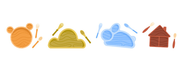 Kid tableware collection. Set of wooden plate, fork, spoon for child. Kids eco-friendly utensils. Baby nutrition and feeding lifestyle concept. Isolated vector illustration in cartoon style