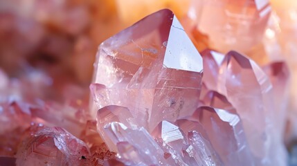 Amazing close-up of a pink quartz. The crystal is illuminated with a soft light, which brings out its natural beauty.