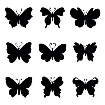 Butterfly silhouettes. Monochrome butterflies silhouettes collection on white background