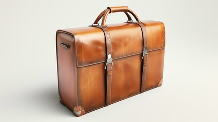 This is a 3D rendering of a vintage brown leather suitcase. The suitcase is closed and has a handle on top.
