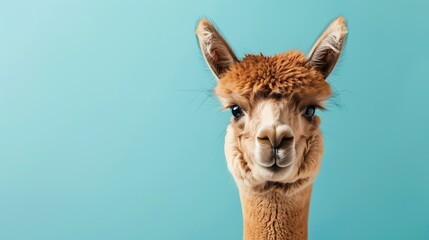 A close-up of a llama looking at the camera with a happy expression on its face. The llama is brown and has a fluffy coat. - Powered by Adobe