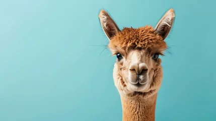  A close-up of a llama looking at the camera with a happy expression on its face. The llama is brown and has a fluffy coat. © stocker