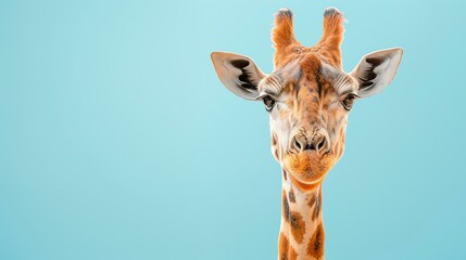 Funny giraffe closeup portrait on blue background.