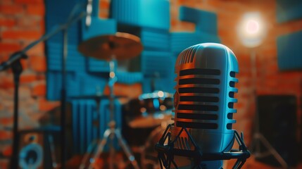 Professional microphone in a recording studio with a drum kit in the background. Warm and inviting...
