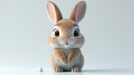 Cute bunny rabbit with big eyes and fluffy ears sitting on a white background. The rabbit is looking at the camera with a curious expression. - obrazy, fototapety, plakaty