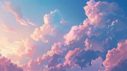 A beautiful sky with pink, blue, and violet clouds. The sky is bright and full of light. The clouds...