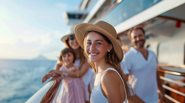 A family of four smiling with a cruise ship in the background.