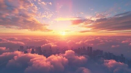 A beautiful sunset over a city. The warm colors of the sky and the soft clouds create a peaceful and serene scene. - obrazy, fototapety, plakaty