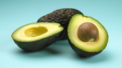 A close-up image of a ripe avocado cut in half with a brown pit. The avocado is on a blue background and the pit is exposed.