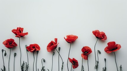 Delicate red poppies in a row on a white background. The flowers are of different sizes and in different stages of bloom.