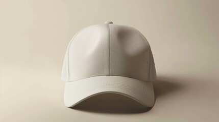 Front view of a white baseball cap. The cap is made of cotton and has a six-panel construction. The crown is slightly curved and the brim is flat.