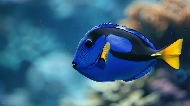 This is a beautiful photograph of a blue tang fish. The fish is swimming in a clear blue ocean.