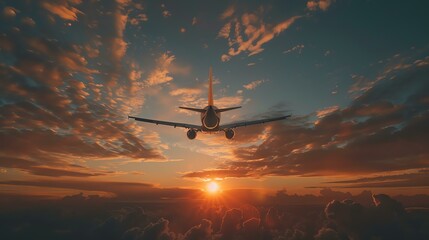 Fototapeta na wymiar A plane flies high in the sky above the clouds at sunset. Its a beautiful scene with the sun setting behind the plane.