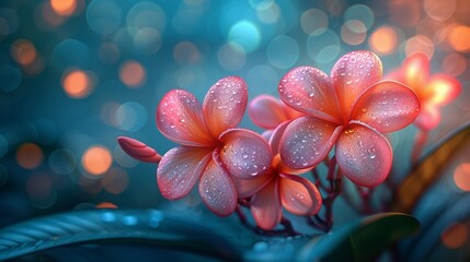 a close up of a pink flower with drops of water on it and blurry boke of lights in the background.
