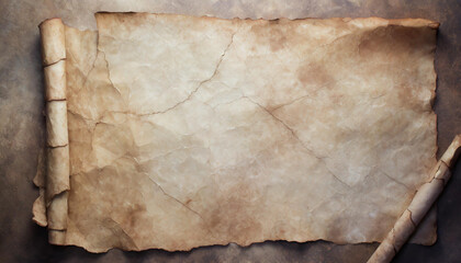 Old parchment paper sheet ancient vintage texture background with cracked edges, top view - obrazy, fototapety, plakaty