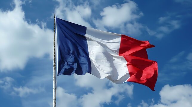 A French flag is waving in the wind against a blue sky with clouds. The flag has three equal vertical bands of blue, white, and red.