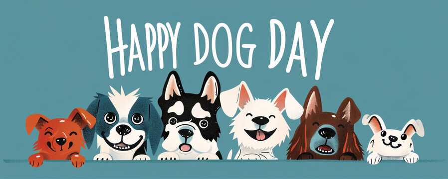 Several breeds of dogs peeking out cartoon illustration, above a large title that says "HAPPY DOG DAY"