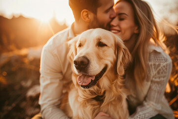 Outdoors portrait of a couple with their Golden Retriever dog, spending quality time together. International Day concept