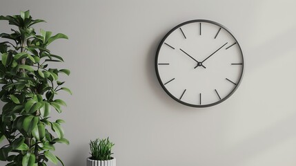 A wall clock hangs on a white wall next to a potted plant. The clock has a black frame and a white dial with black numbers. - obrazy, fototapety, plakaty