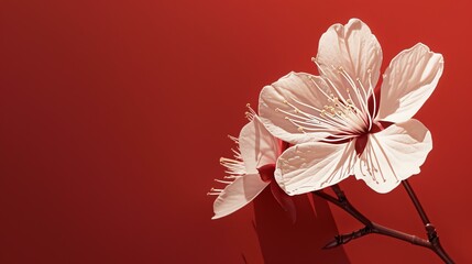 Delicate white cherry blossoms against a vibrant red background. A symbol of beauty, purity, and renewal.