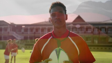 Animation of flag of germany over diverse male rugby players - Powered by Adobe