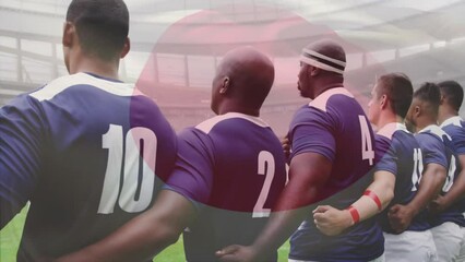 Animation of flag of japan over diverse rugby players on field - Powered by Adobe